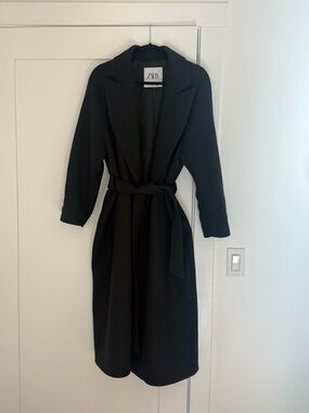ZARA Black Belted Long Coat with Notched Lapels